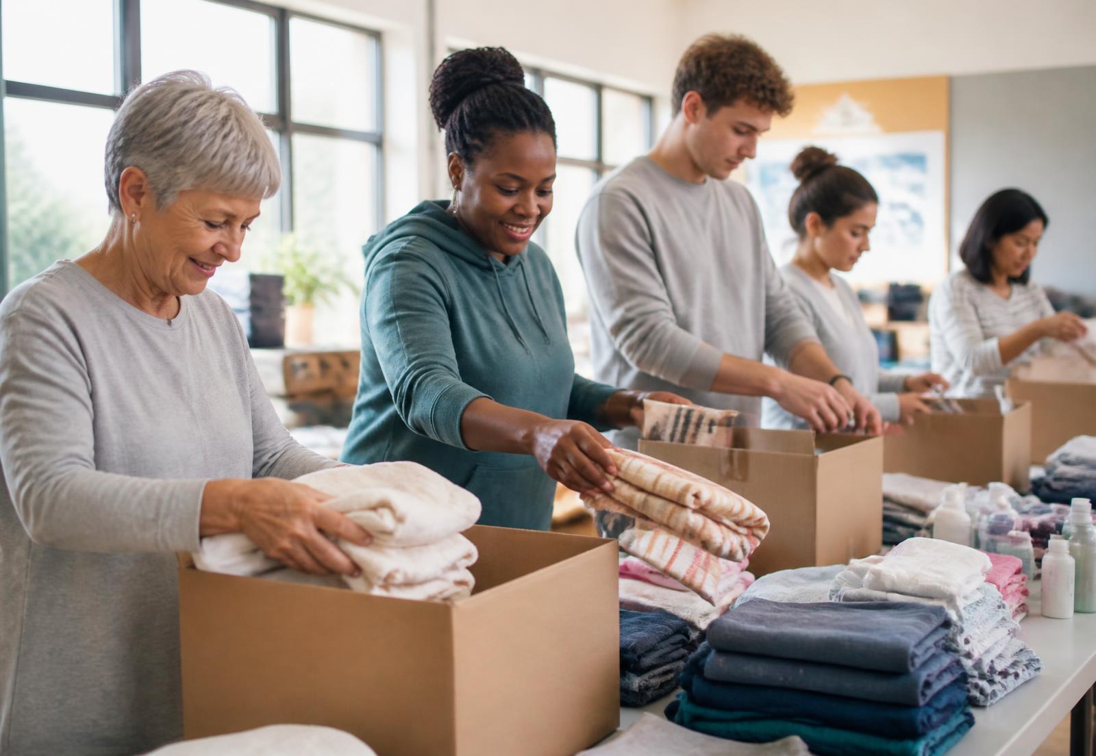 Volunteers sorting clean laundry and supplies into donation boxes at a community center
