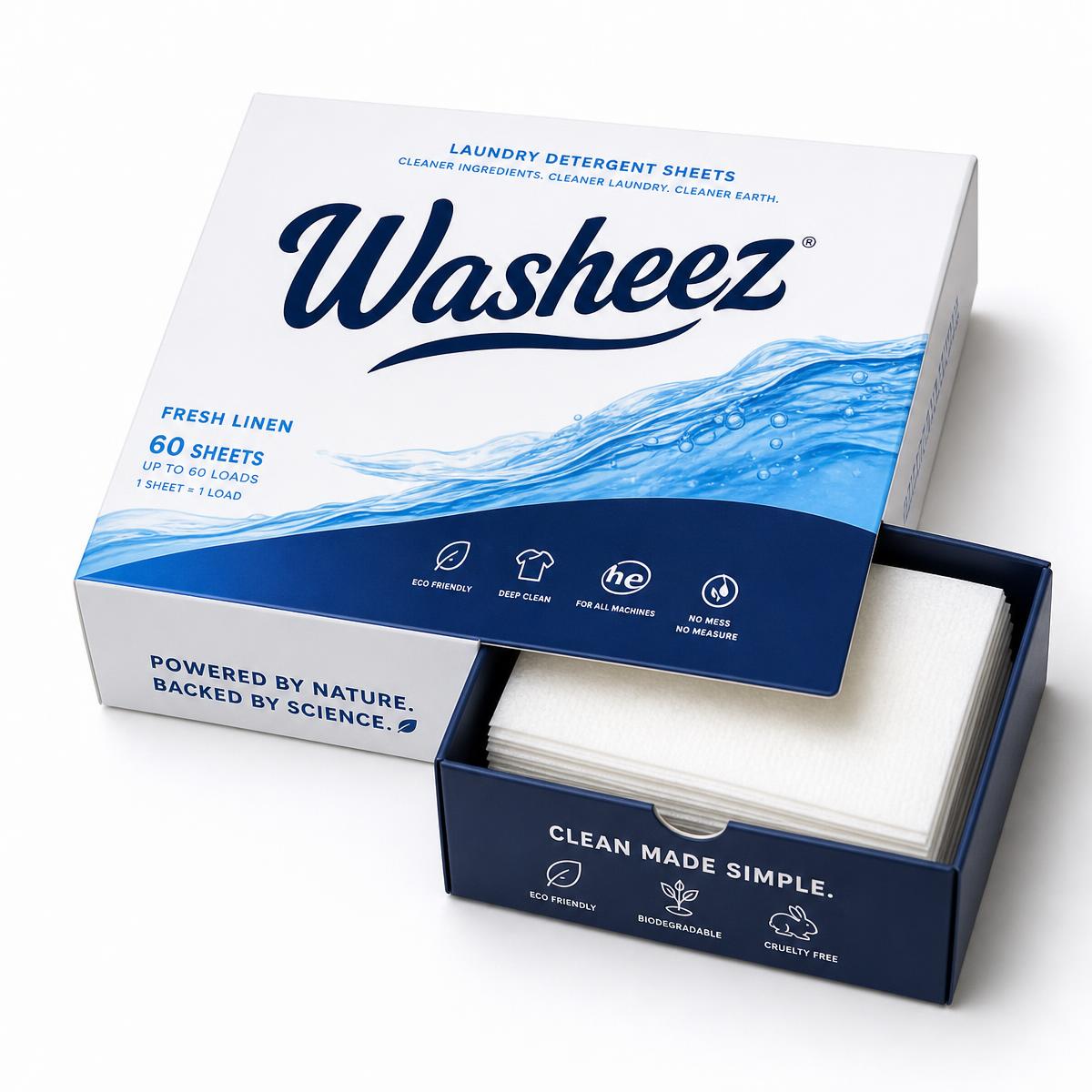 Open Washeez box with laundry detergent sheets